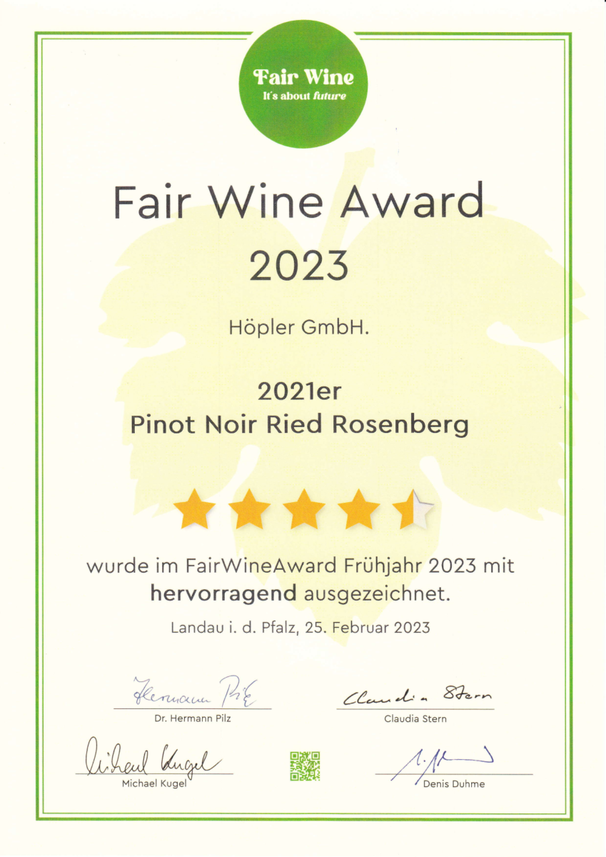 Auszeichnung Future Wine Award 2023 - Hoepler Pinot Noir Ried Rosenberg